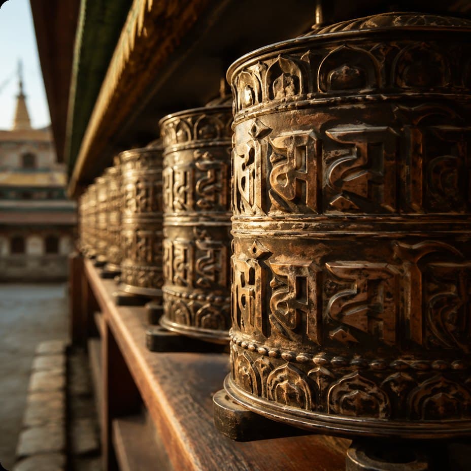 Rows of carved brass prayer wheels at a Sikkim monastery