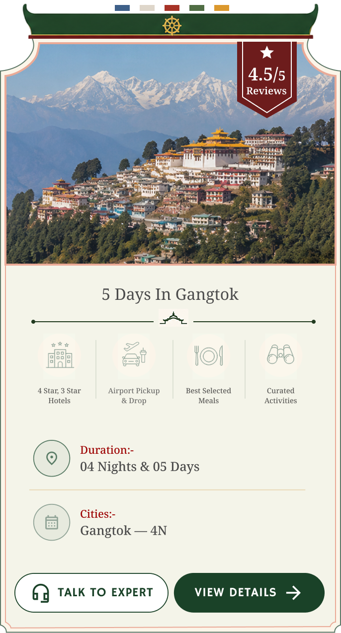 5 Days In Gangtok. 4.5/5 Reviews. 4 Star, 3 Star Hotels, Airport Pickup & Drop, Best Selected Meals, Curated Activities. Duration: 04 Nights & 05 Days. Cities: Gangtok — 4N