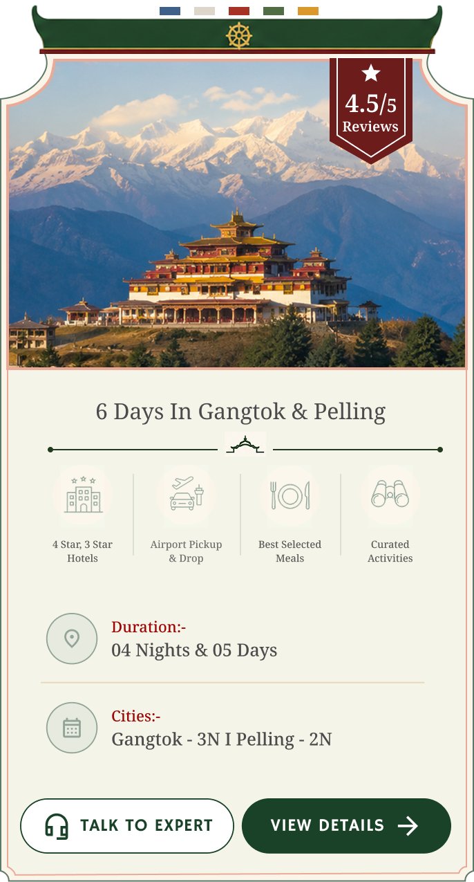 6 Days In Gangtok & Pelling. 4.5/5 Reviews. 4 Star, 3 Star Hotels, Airport Pickup & Drop, Best Selected Meals, Curated Activities. Duration: 04 Nights & 05 Days. Cities: Gangtok - 3N I Pelling - 2N